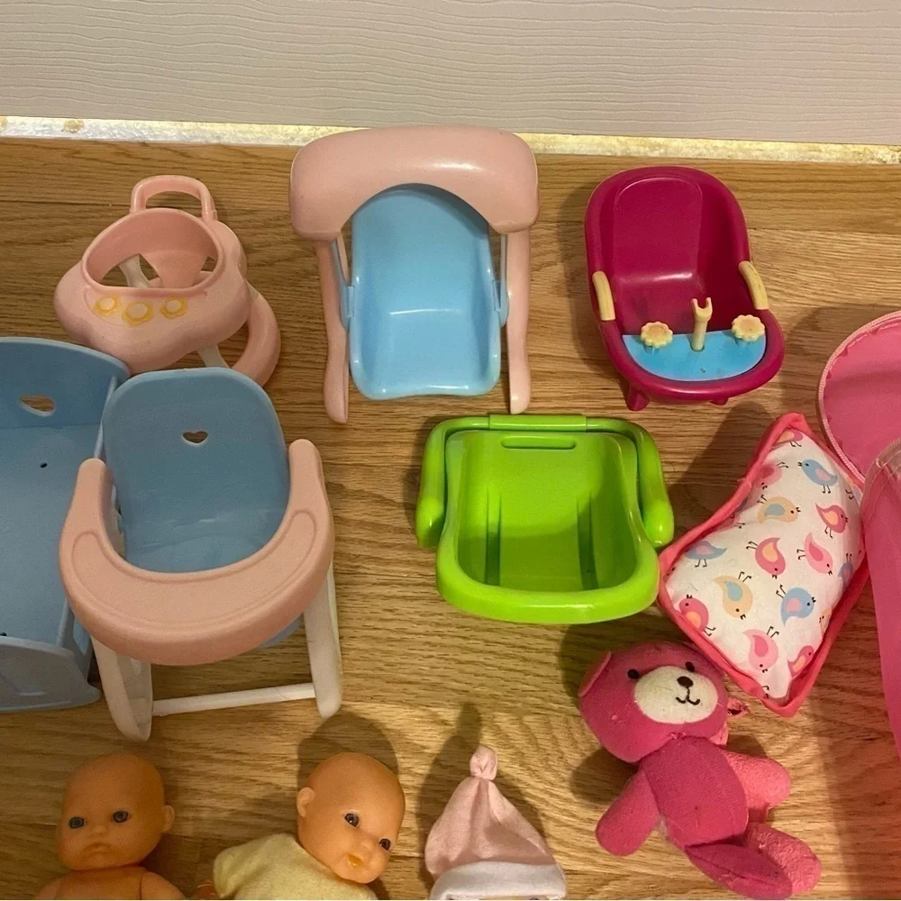 Mini Doll Quintuplets Baby Play Set Crib Swing High Chair Walker Tub Born Zapf